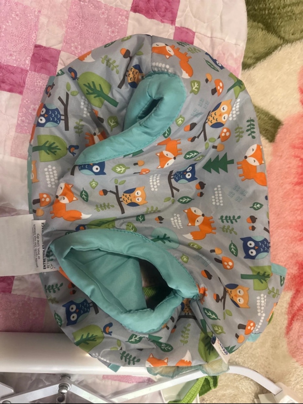 Aqua Forest Animal Hooded Baby Bib with Fox & Owl Print